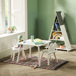Kids room with small white table and bunny-eared chairs