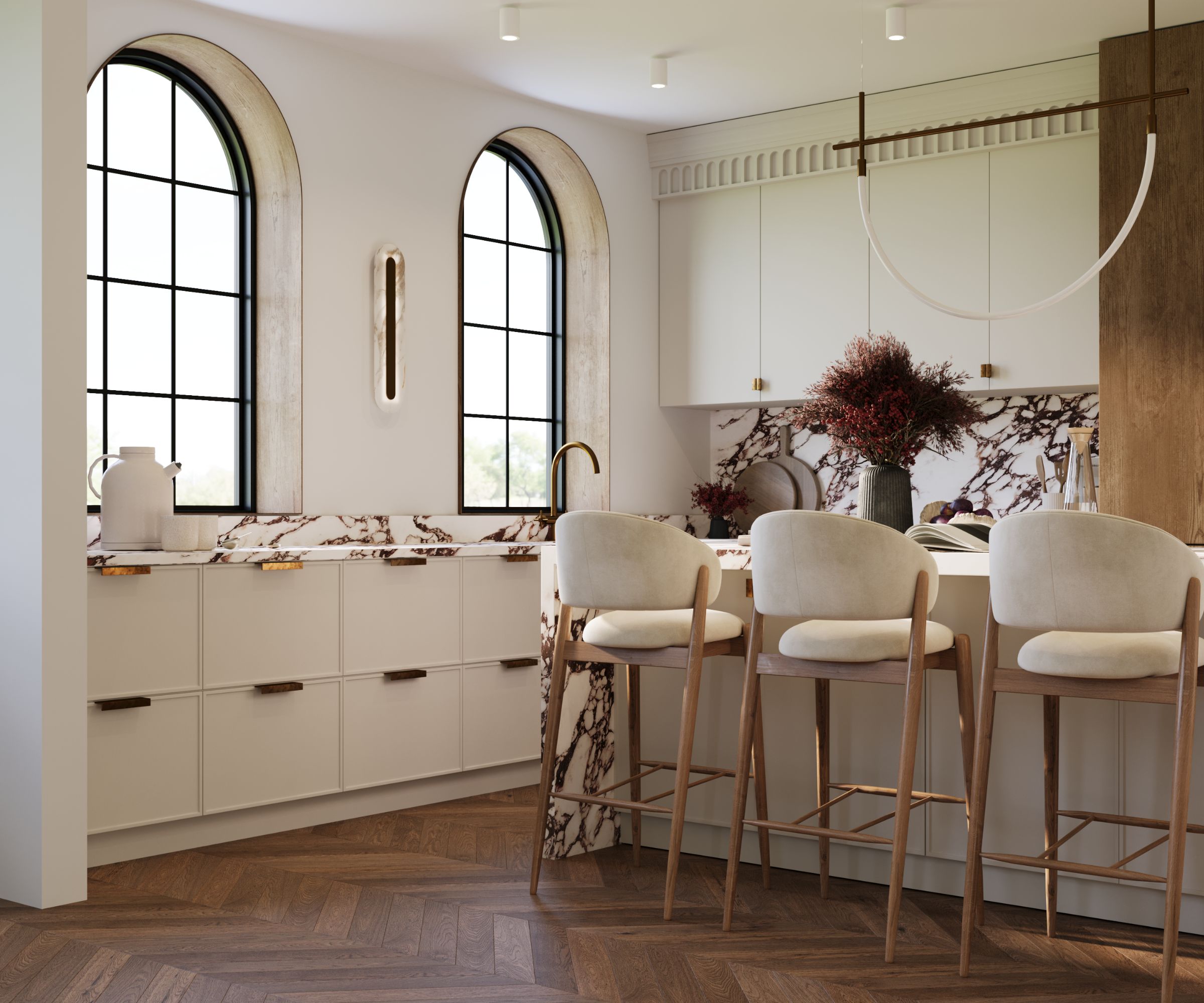 A white, wood, and marble kitchen with burnished brass hardware