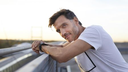 a middle aged man working out