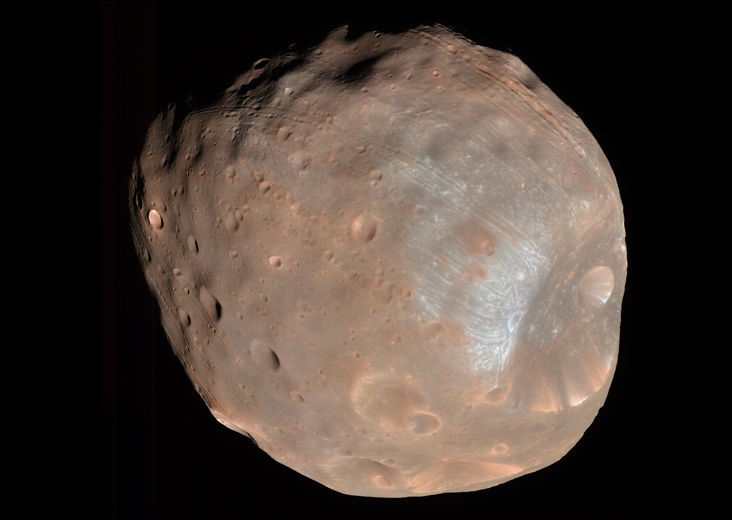 Mars&#039; two moons, Phobos (shown here) and Deimos, may have formed from a ring of debris around the Red Planet. Larger moons formed in the same debris ring may have crashed into Mars.