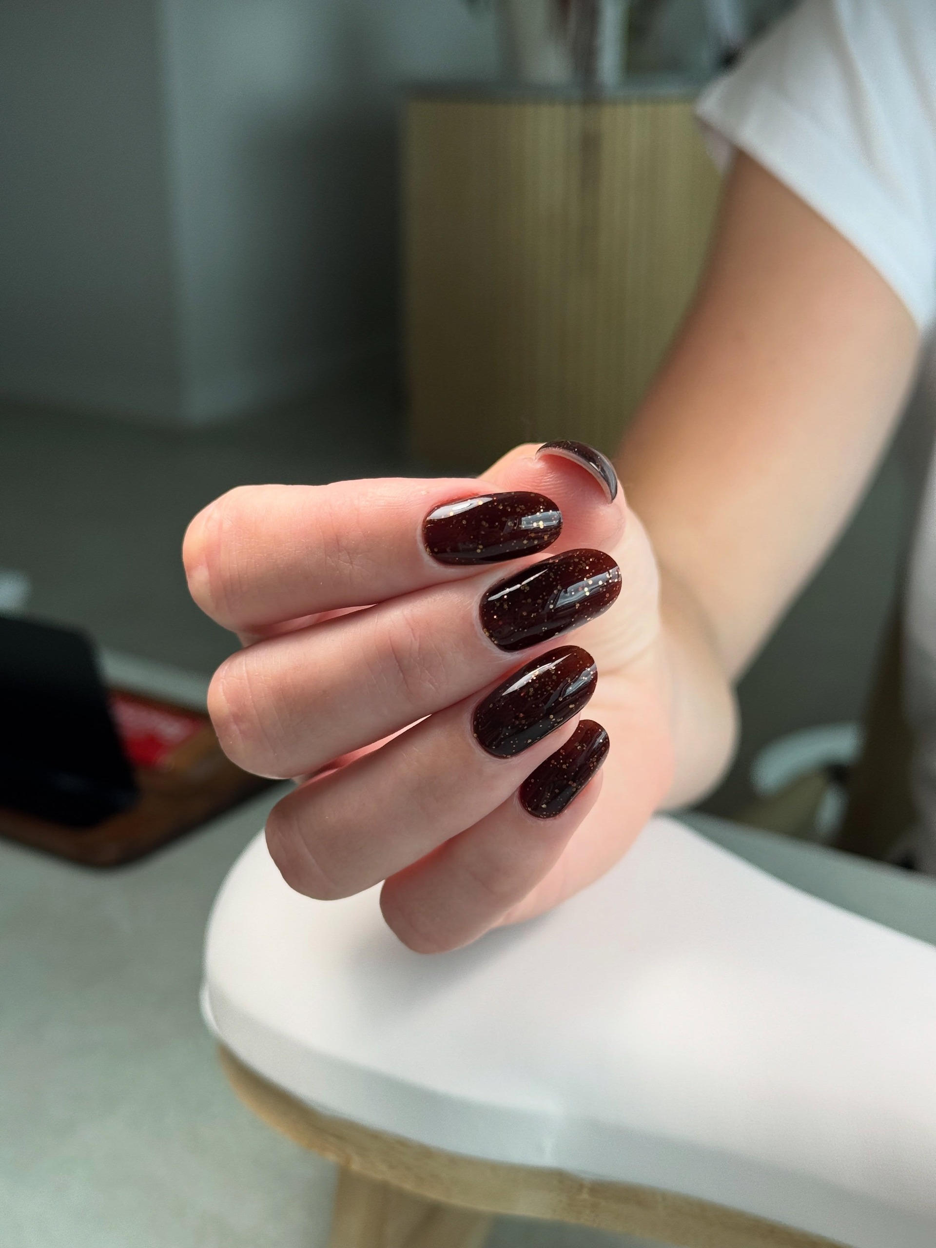 chocolate brown manicure with tiny flecks of sparkle throughout