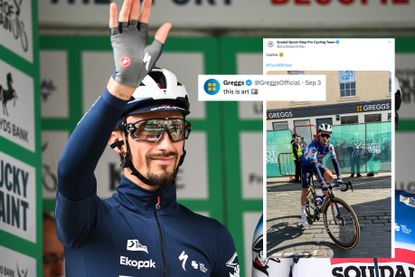 Julian Alaphilippe waving to crowds