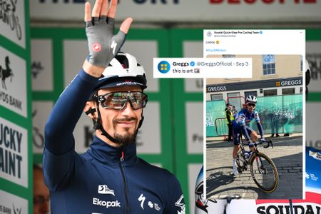 Julian Alaphilippe waving to crowds