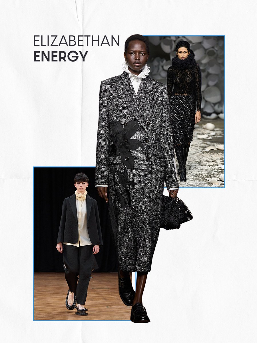 Photo collage of different runway trends from London Fashion Week Fall Winter 2026.