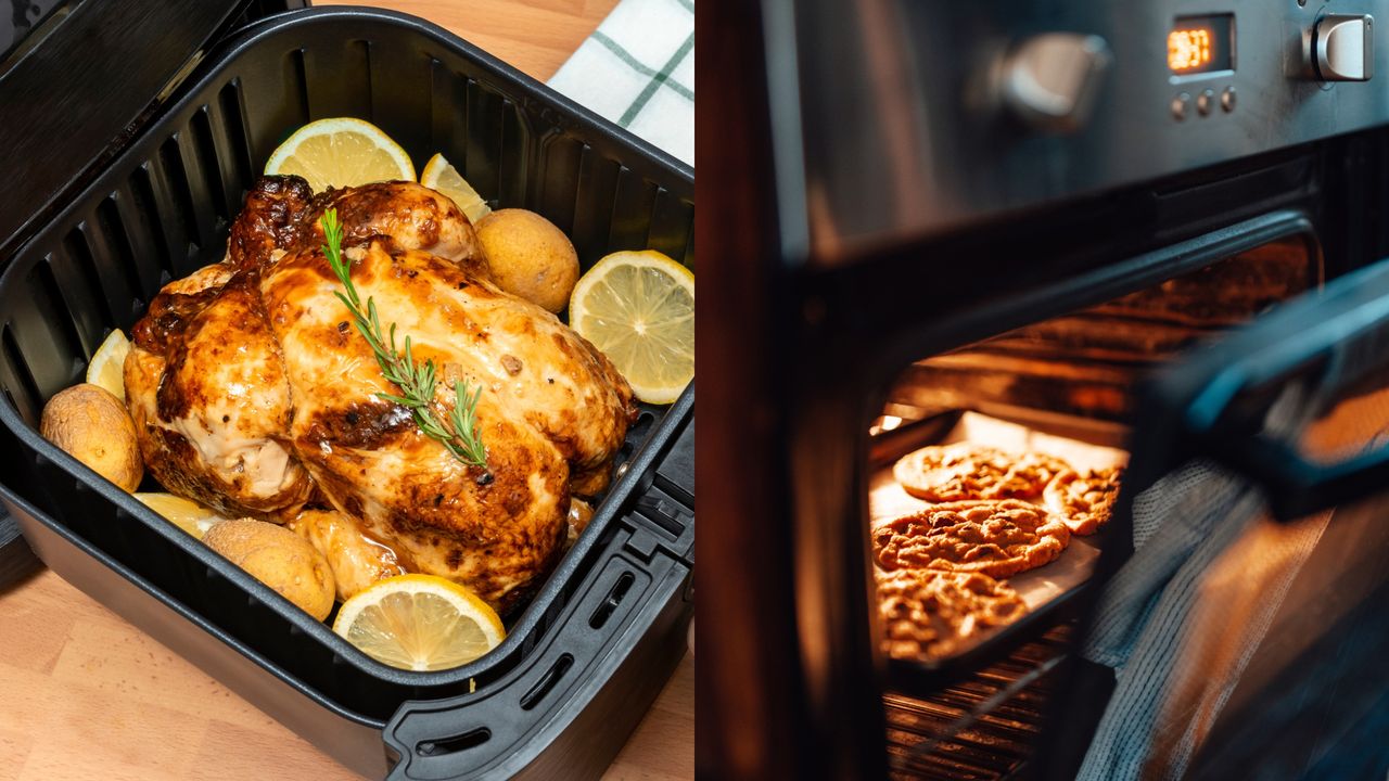 air fryer tray on the left with a roasted chicken with lemons and potatoes, vs convection oven on right which has cookies baking on a tray with the door open and light on inset