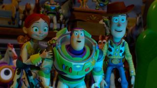 Jessie, Buzz Lightyear and Woody look at Lilypad in Toy Story 5.