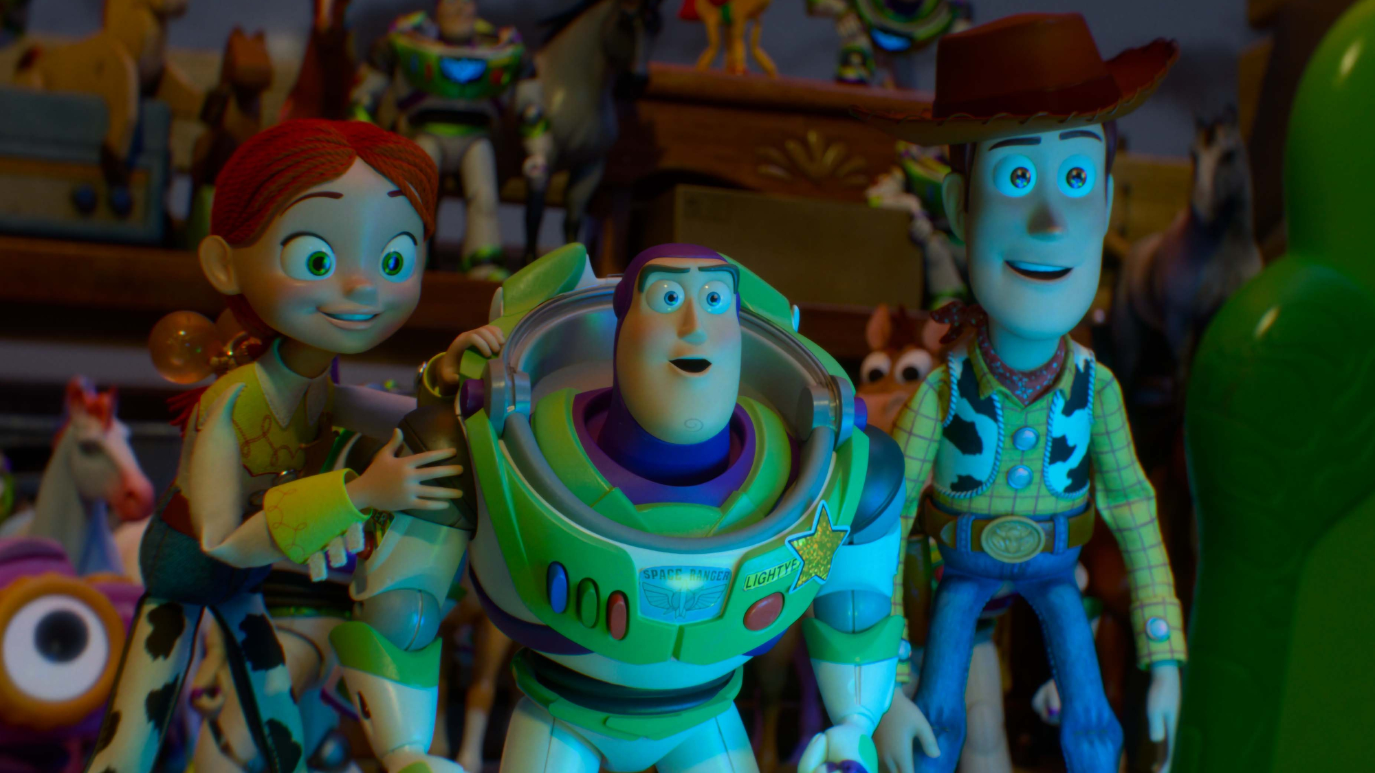 Jessie, Buzz Lightyear and Woody look at Lilypad in Toy Story 5.