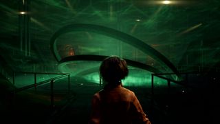 The Casting of Frank Stone screenshot showing a female character with her back to the viewer, looking out at a strange structure illuminated by a green light