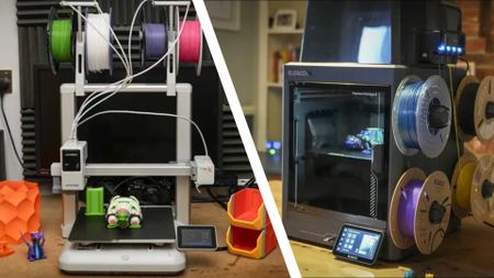 The Anycubic Kobra X and Elegoo Centuari Carbon 2 on a split-screen in a home office during our testing