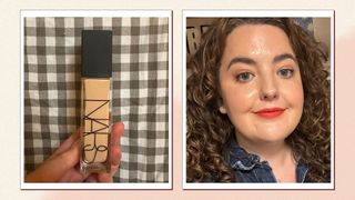 An image of senior beauty editor Rhiannon Derbyshire holding a bottle of the NARS Natural Radiant Longwear Foundation alongside another image of her wearing it on her skin to illustrate the options for the best NARS foundation