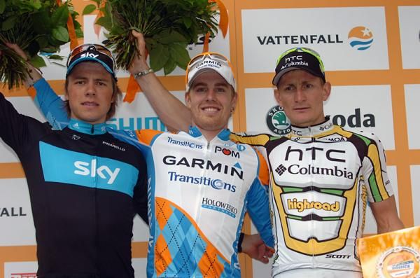 Vattenfall Cyclassics top-3: (l-r): Edvald Boasson Hagen, 2nd; Tyler Farrar, 1st; Andr&eacute; Greipel, 3rd.