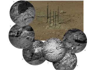 This photo mosaic shows the scour mark, dubbed Goulburn, left by the thrusters on the sky crane that helped lower NASA's Curiosity rover to the Red Planet