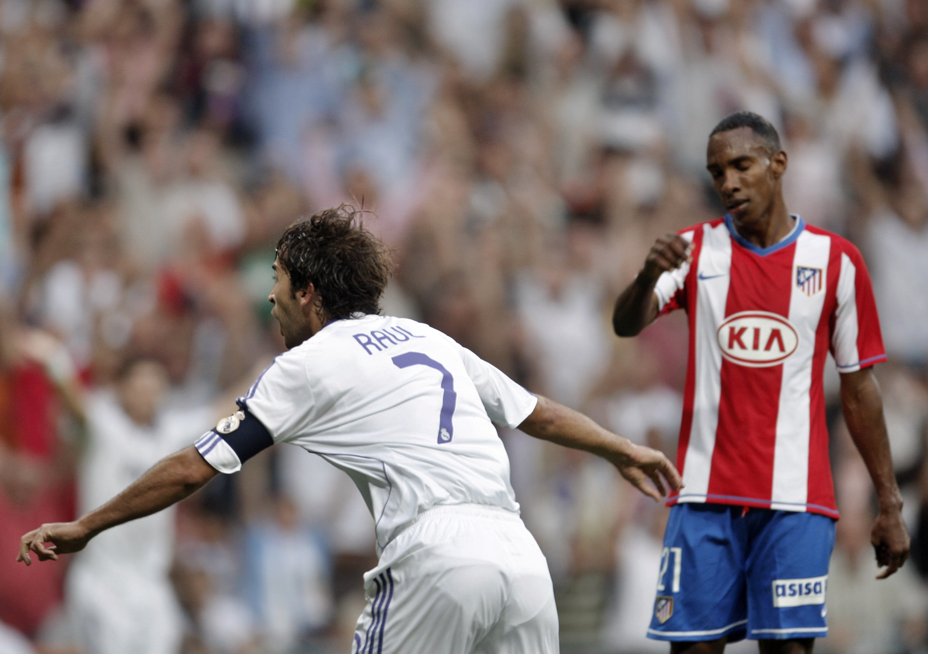 Raul celebrates a goal for Real Madrid against Atletico in August 2007.