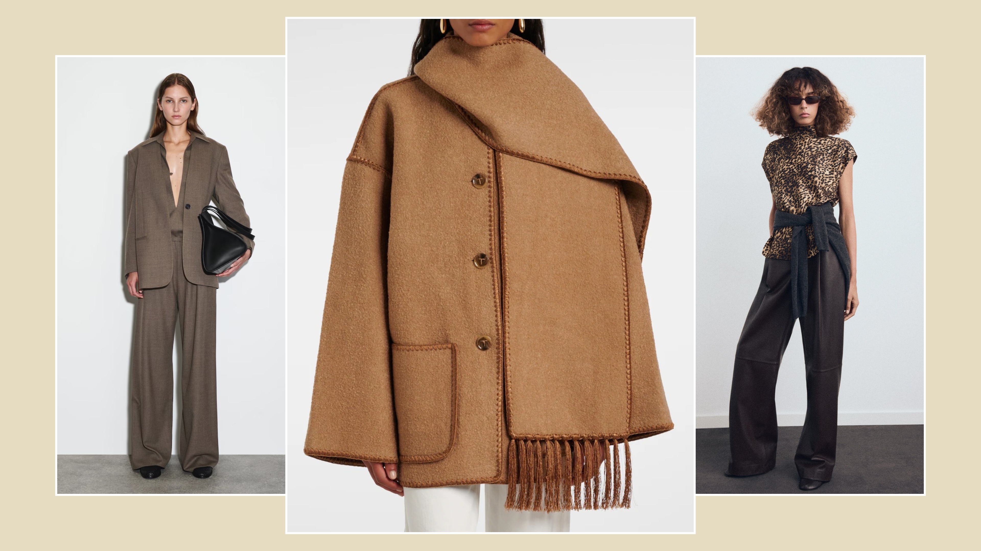 Looks and products from COS, Toteme, MyTheresa, Mango.