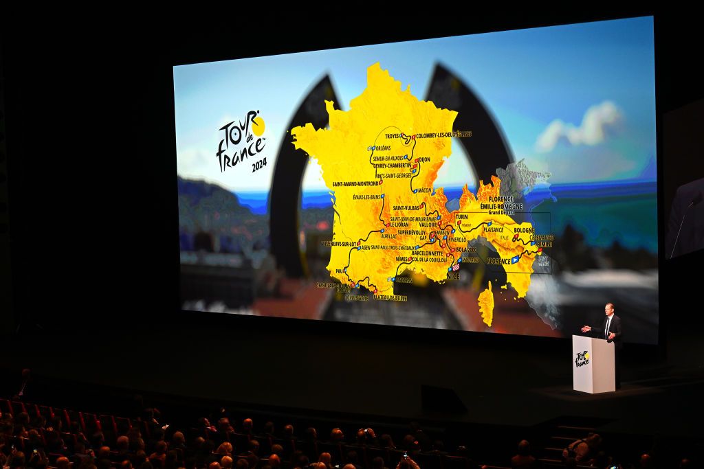 PARIS FRANCE OCTOBER 25 Christian Prudhomme of France Director of Le Tour de France presents the official route during the 111th Tour de France 2024 3rd Tour de France Femmes 2024 Route Presentation UCIWT UCIWWT on October 25 2023 in Paris France Photo by Dario BelingheriGetty Images