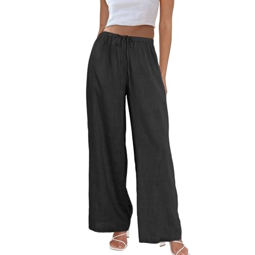 Duyang Womens Cotton Linen Palazzo Pants Drawstring Elastic Waist Casual Wide Leg Trousers With Pockets(black,l)