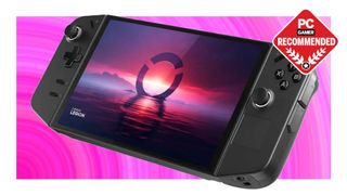 A Lenovo Legion Go handheld gaming PC on a pink background with a PC Gamer Recommended logo on top