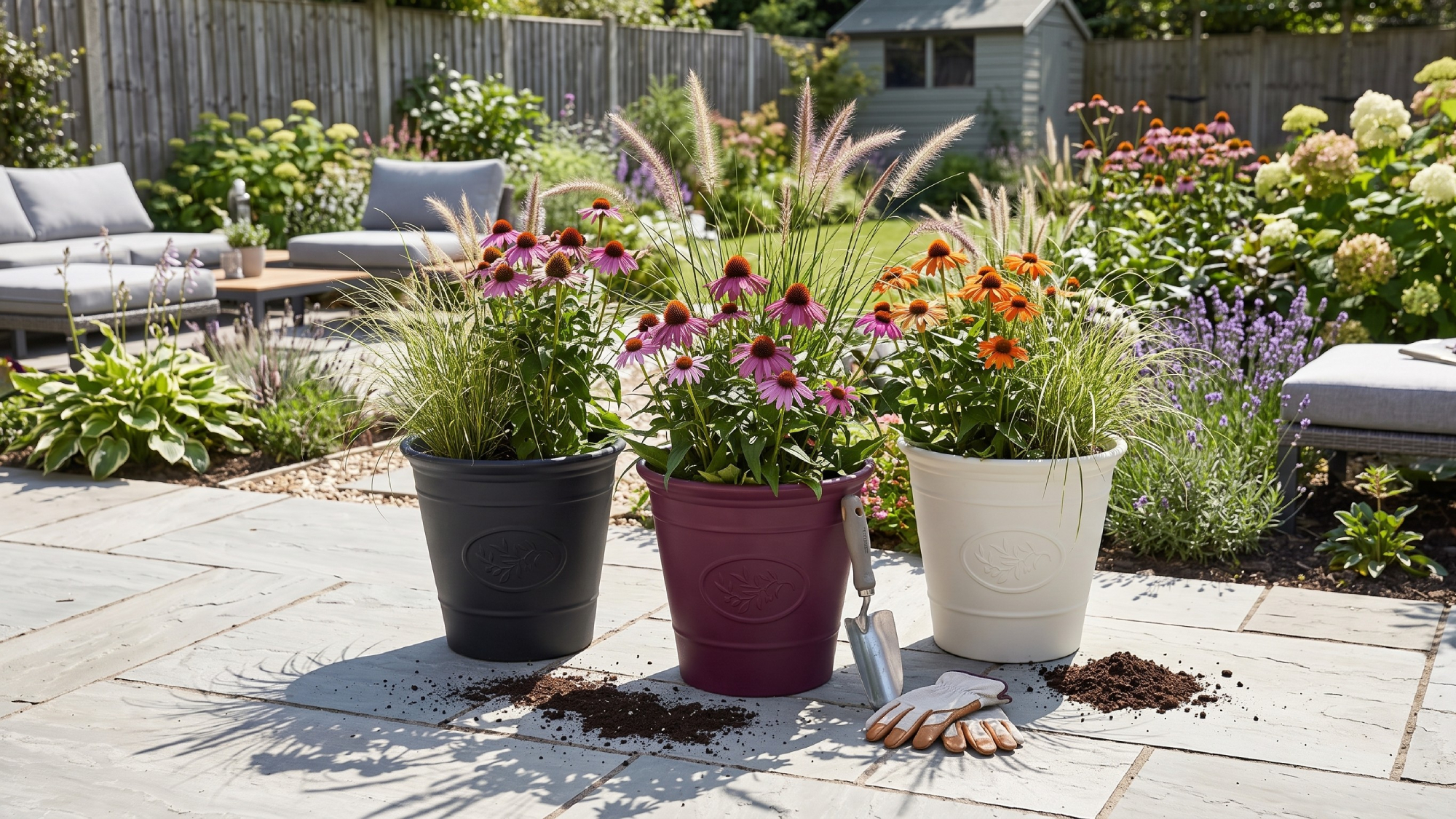 Three Belavi large resin Aldi planters planted with echinacea and ornamental grasses standing on a patio in summer