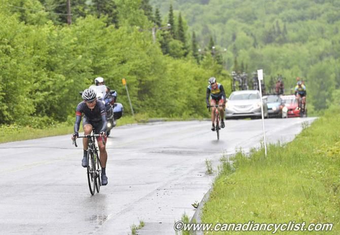 Tom Skujins (Hincapie Sportswear) rides the two SmartStop riders off his wheel