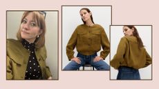 matilda and models wearing M&s linen bomber jacket 