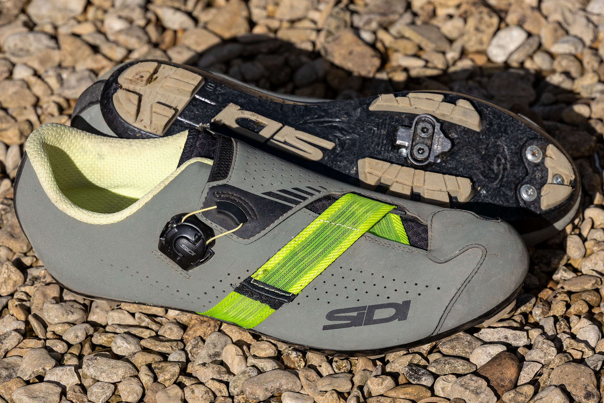 Sidi Aertis side on, one shoe showing upper, the other showing sole