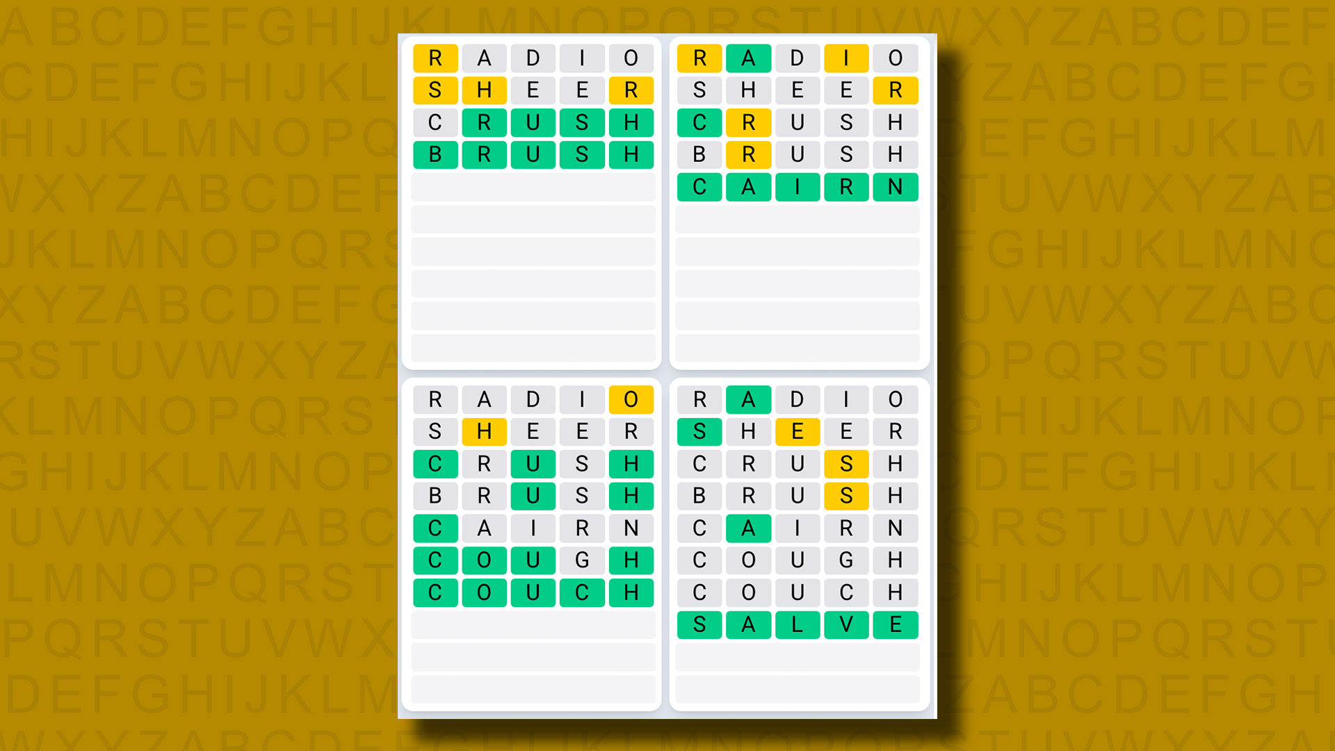 Quordle Daily Sequence answers for game 1307 on a yellow background