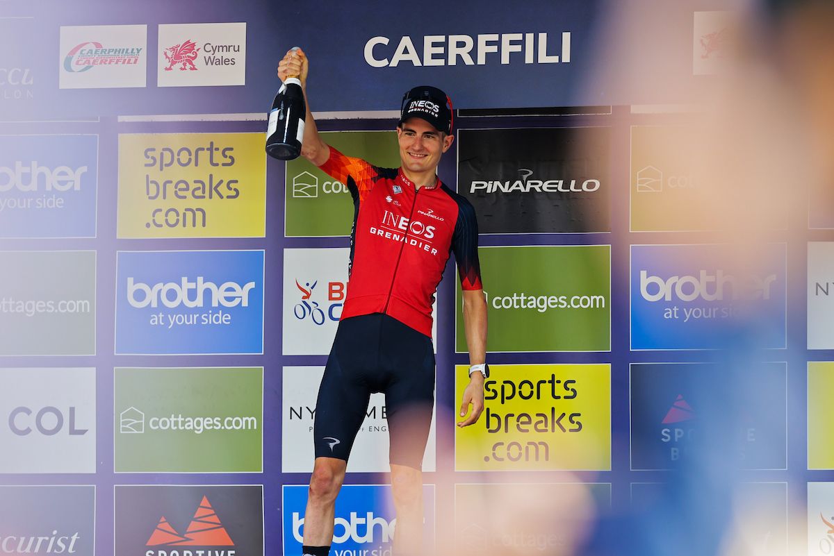 Picture by Alex Whitehead/SWpix.com - 10/09/2023 - Cycling - 2023 Tour of Britain - Stage 8: Margam Country Park to Caerphilly (166.8km) - Carlos Rodriguez of Team INEOS Grenadiers on the podium after taking the victory in stage Stage 8 of the 2023 Tour of Britain in Caerphilly