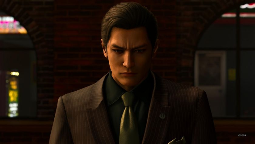 Yoshitaka Mine stands in a bar, half in shadow, in an expensive suit in Yakuza Kiwami 3's Dark Ties campaign
