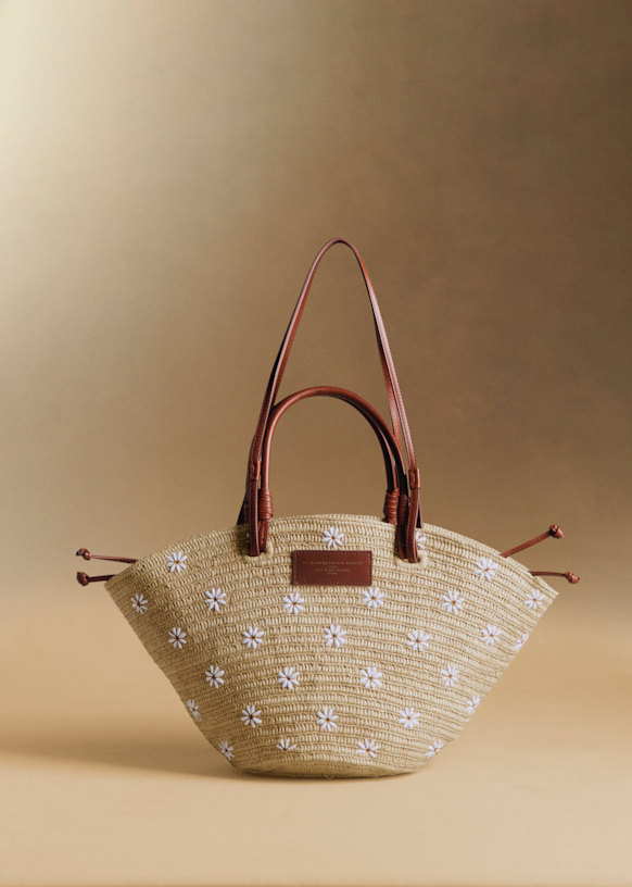 Justine Basket Bag - Embroidered Flowers - Raffia - S&amp;eacute;zane