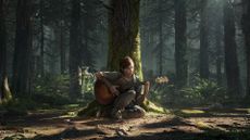 Ellie playing the guitar under a tree in The Last of Us 2