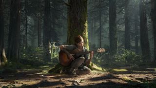Elli playing the guitar under a tree in The Last of Us 2