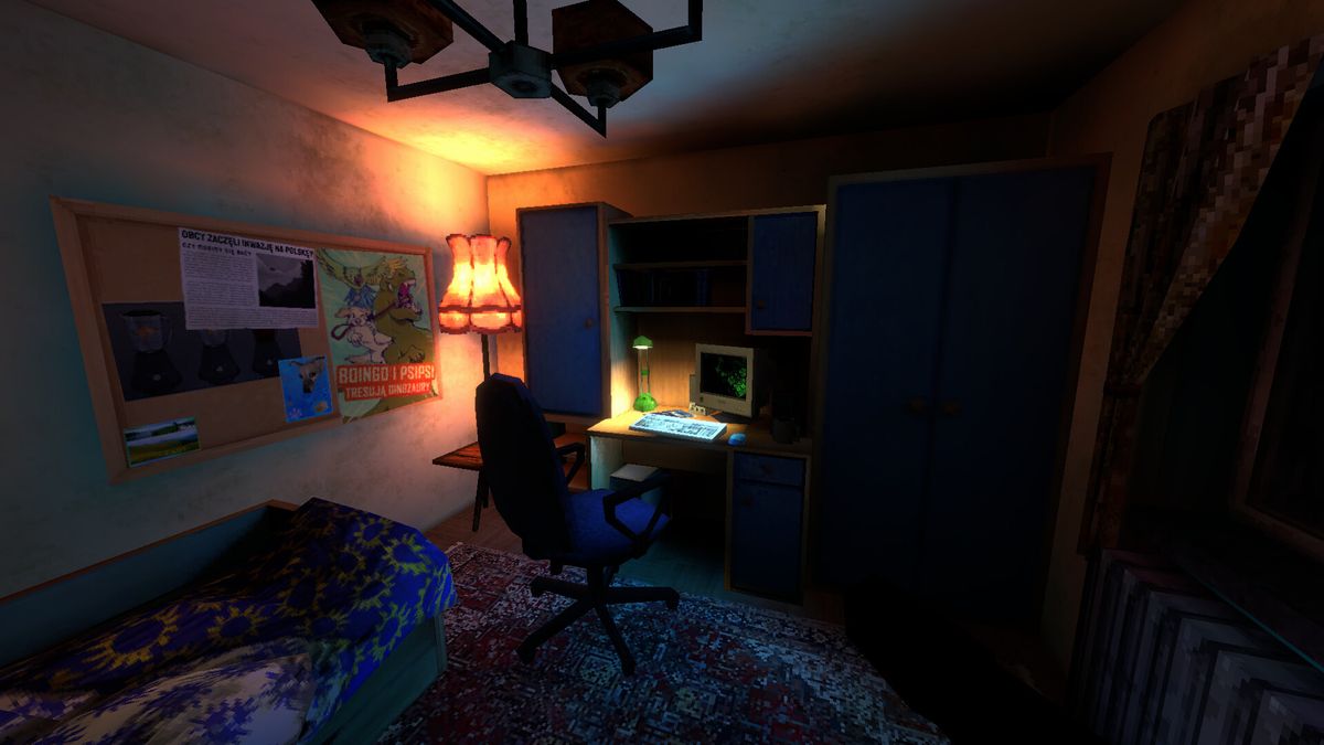 A bedroom with an old-fashioned PC.