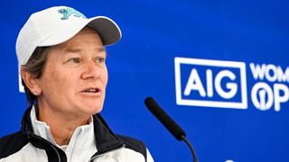 Catriona Matthew speaks at an AIG Women's Open press conference