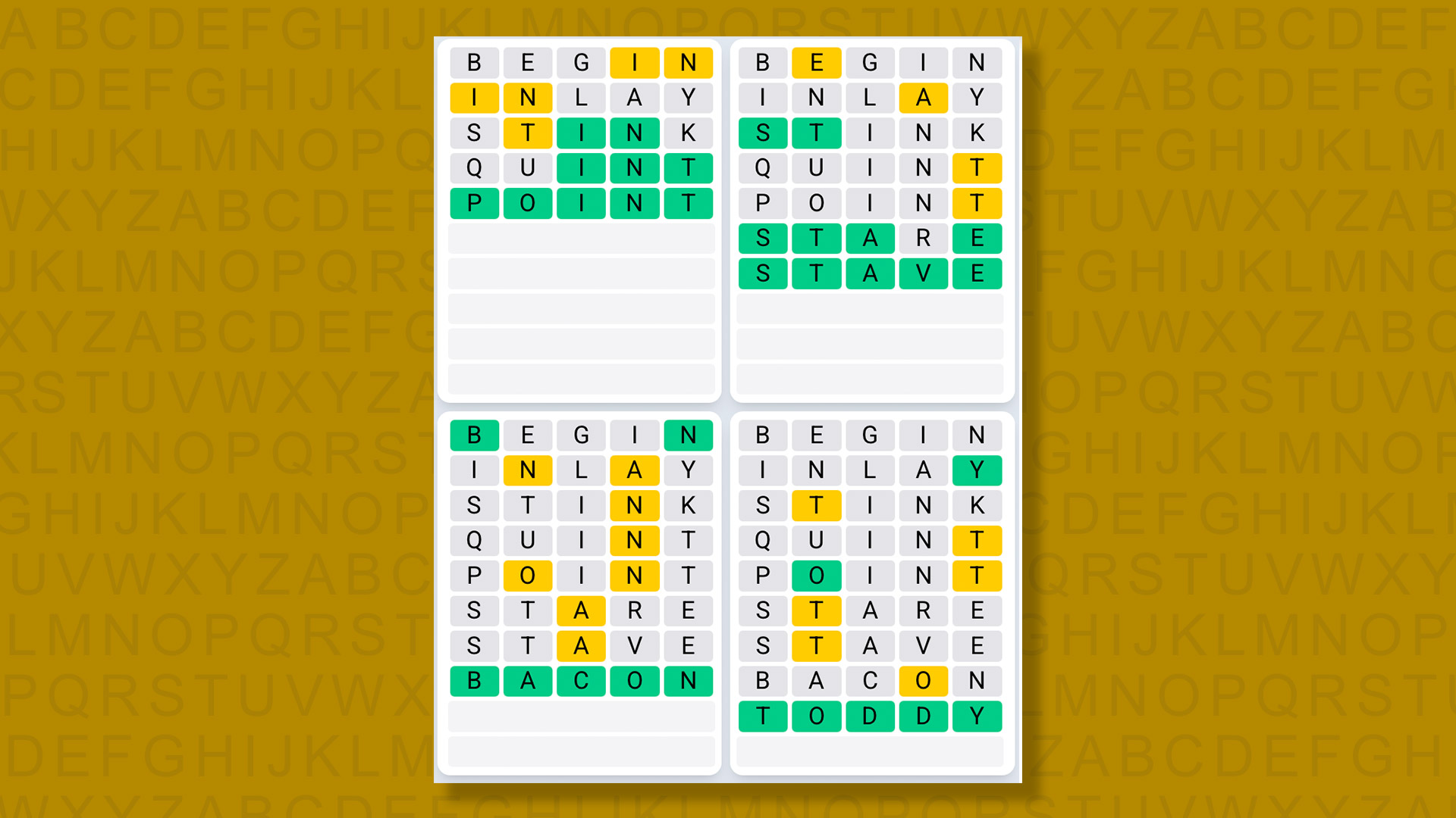 Quordle Daily Sequence answers for game 1429 on a yellow background