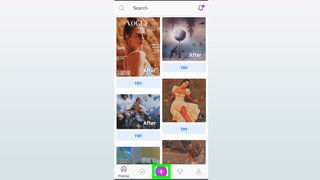How to remove a background from an image - a screenshot of the home screen in PicsArt with the purple "+" icon selected