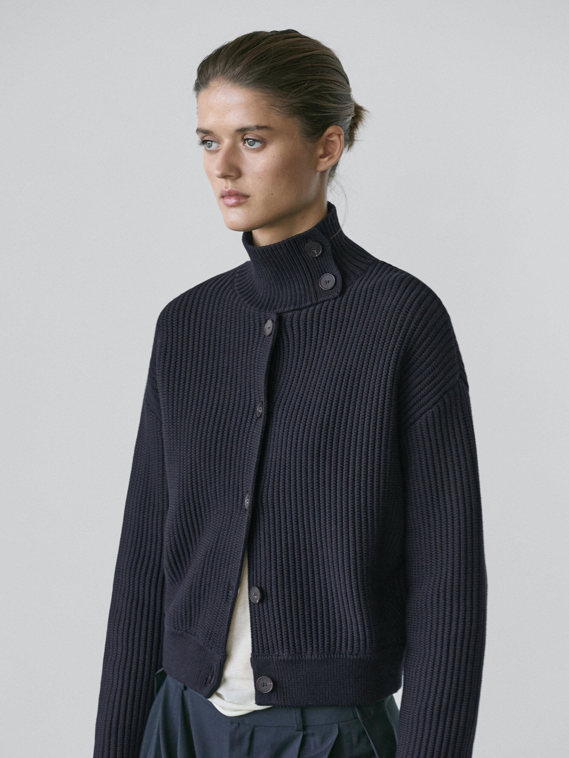 Cotton High Neck Knit Cardigan