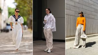 A composite of street style influencers showing how to style linen pants and a shirt or blouse for work