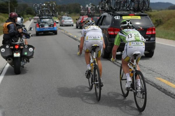 HTC-Columbia's Tejay Van Garderen paces Mark Cavendish back to the bunch.