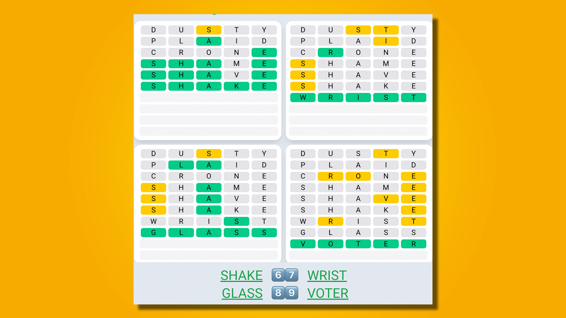 Quordle Daily Sequence answers for game 538 on a yellow background