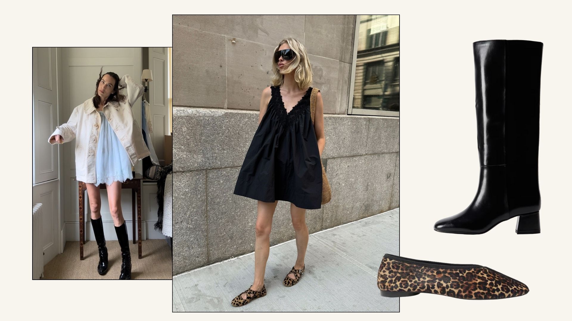 Alexa Chung and Elsa Hosk wear cotton minidress with patent leather knee high boots and leopard ballet flats.