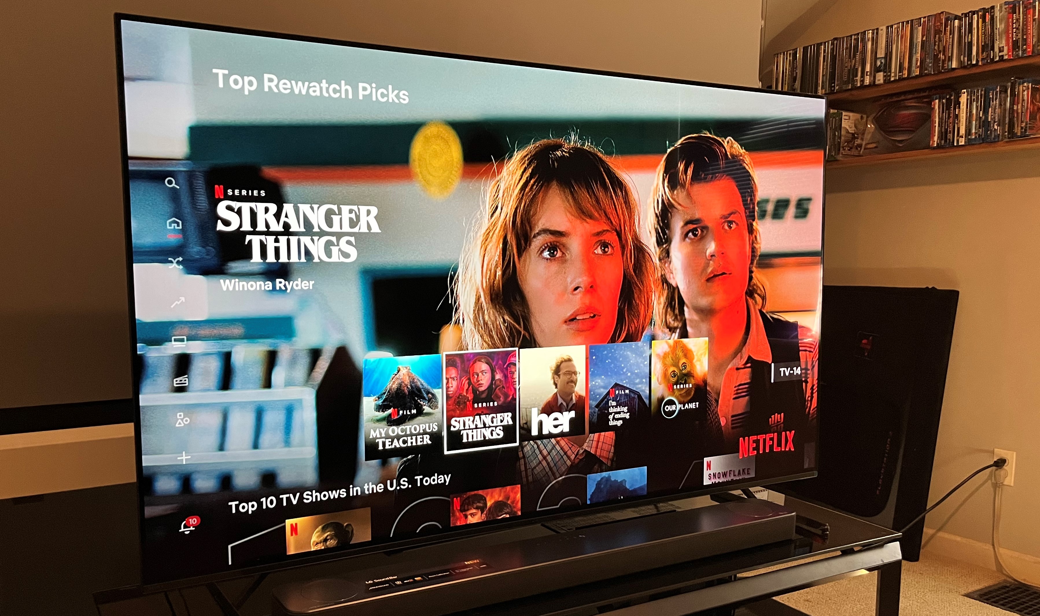 Sony XR A80K OLED TV on stand showing Stranger Things