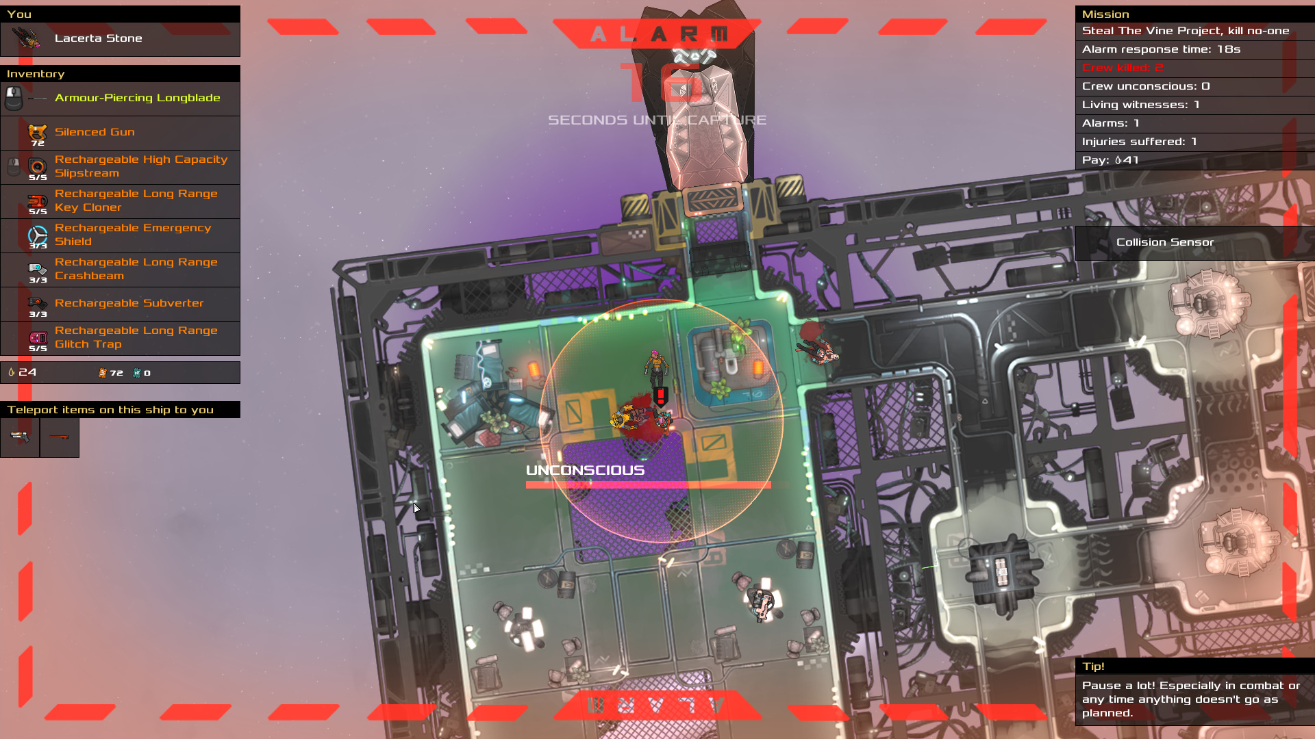 Heat Signature - The player explores a space ship while an alarm is displayed on screen.