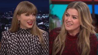 From left to right: screenshots of Taylor Swift smiling on The Tonight Show and Kelly Clarkson smiling on The Kelly Clarkson Show.