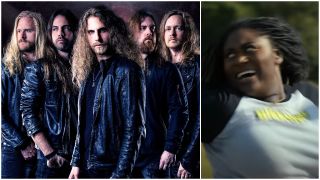 The metal band Dynazty next to a shot of Peacemaker character Leota running away