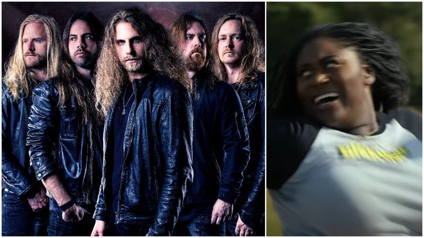 The metal band Dynazty next to a shot of Peacemaker character Leota running away