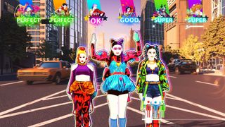 Just Dance 2023: three characters lined up and dancing
