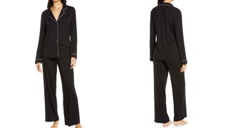 composite of model wearing black nordstrom Moonlight Eco Pajamas