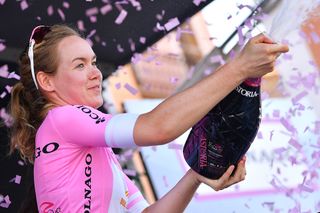 Anna van der Breggen celebrates in pink after stage 9 at the Giro Rosa