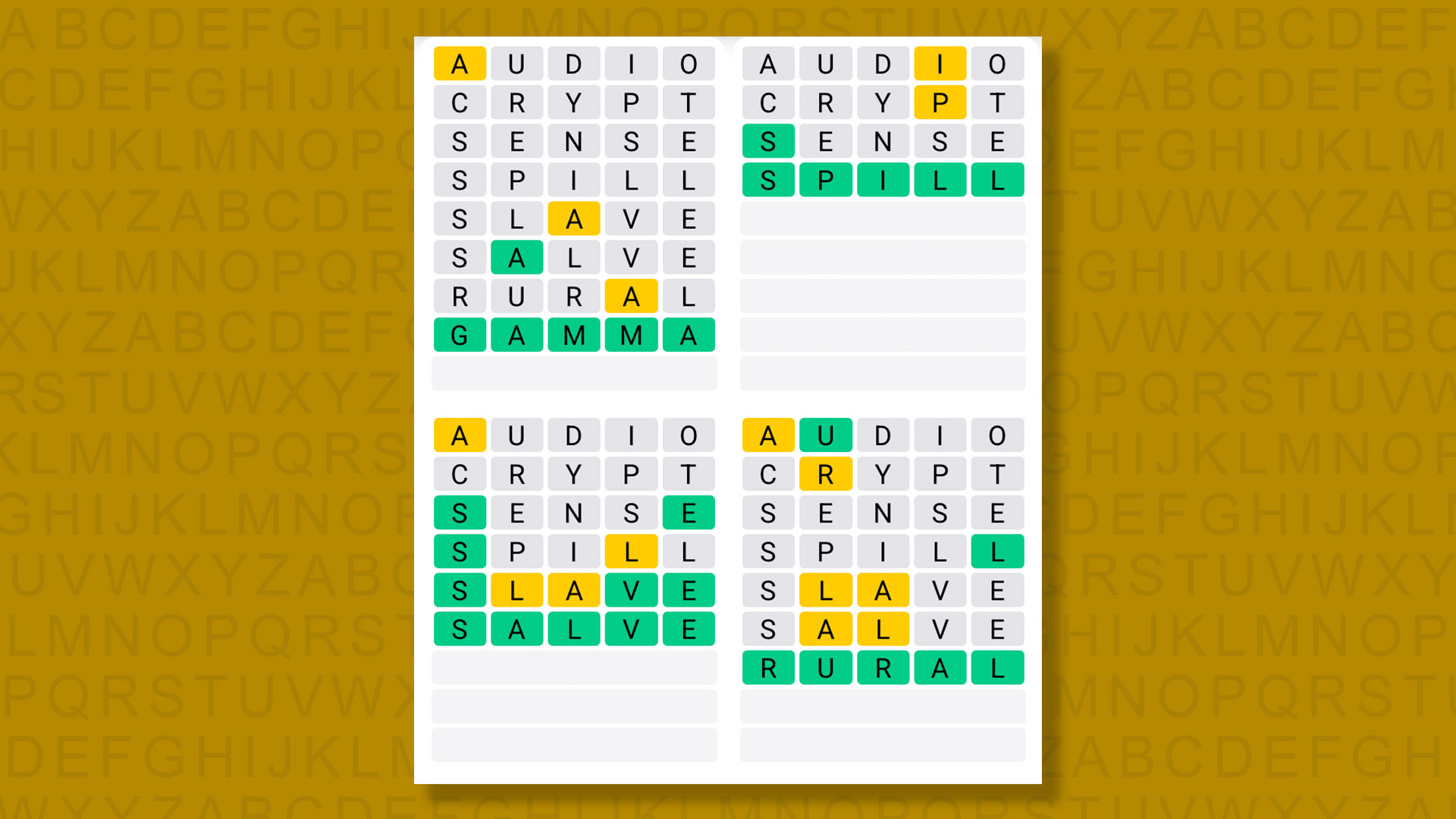 Quordle answers for game 1599 on a yellow background