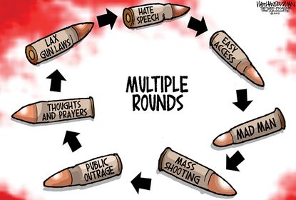 Political Cartoon U.S. Multiple Rounds of Bullets and Mass Shootings Gun Lobby Lesgislation